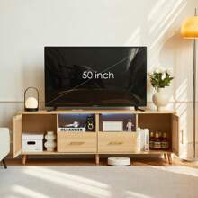 JanflyHome TV Stand For 70 Inch TV - Modern Wood Rattan Media Console With Charging Station Light Strip, Entertainment Cabinet Accents Storage Furniture With 2 Drawers For Living Room - 木頭 - 查看 6