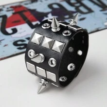 9pcs Punk Style Rivet Skull PU Leather Bracelet, Exaggerated Gothic Dark Rivet Bracelet For Men, Couples, Rock, Students - Black - View 2