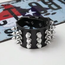 9pcs Punk Style Rivet Skull PU Leather Bracelet, Exaggerated Gothic Dark Rivet Bracelet For Men, Couples, Rock, Students - Black - View 5