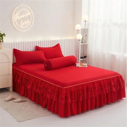 1 pieza Falda de cama elegante de encaje, cubrecama suave a prueba de polvo de unicolor para todas las estaciones, talla grande, sábana bajera antideslizante (Falda de cama *1, sin funda de almohada), decoración de dormitorio