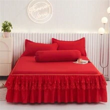 1 件优雅蕾丝床裙，纯色柔软防尘床罩，适合所有季节，加大码，防滑床单床上用品（床裙 * 1，无枕套），卧室装饰 - 紅色 - 查看 3