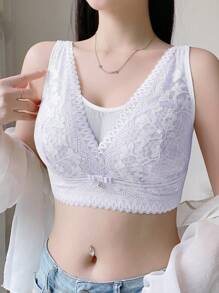 Contrast Lace Push Up Bra Wireless, And Anti-Sagging., Lingerie - Purple - View 2