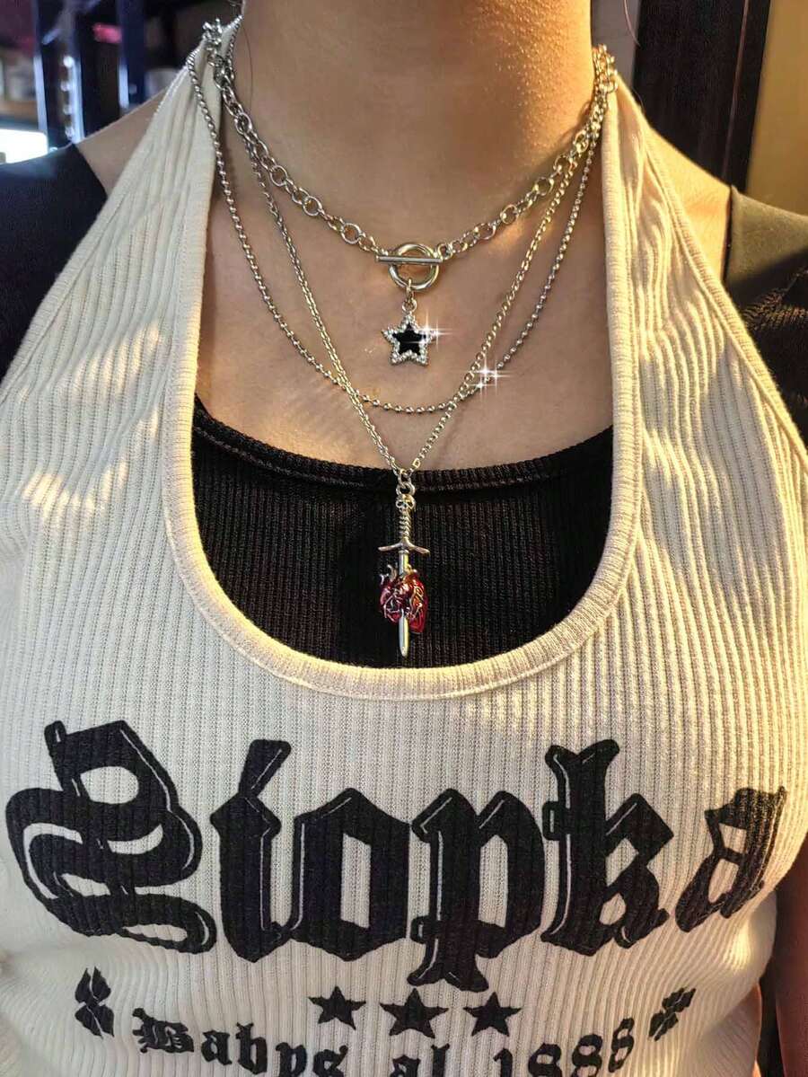 3件復古哥德風格鑲鑽星星十字心形珠子項鍊套裝女士項鍊冷酷風格時尚潮流短鎖骨鏈高雅不凡的不鏽鋼鍊子 - 銀色 - 查看 1