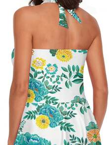 女士花卉印花吊带上衣和纯色方裤泳装 2 件套 - 彩色 - 查看 3