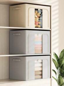 1 Miếng Nhà  Hộp trữ , 66l Dung lượng lớn Tủ đóng tường Tổ chức Hộp Đối với Quần áo Và Bộ đồ giường , Với Lau cửa sổ Và Gấp lại Thiết kế , Chế tạo Của Vải Chất liệu - Màu Xám nhạt - Xem 5