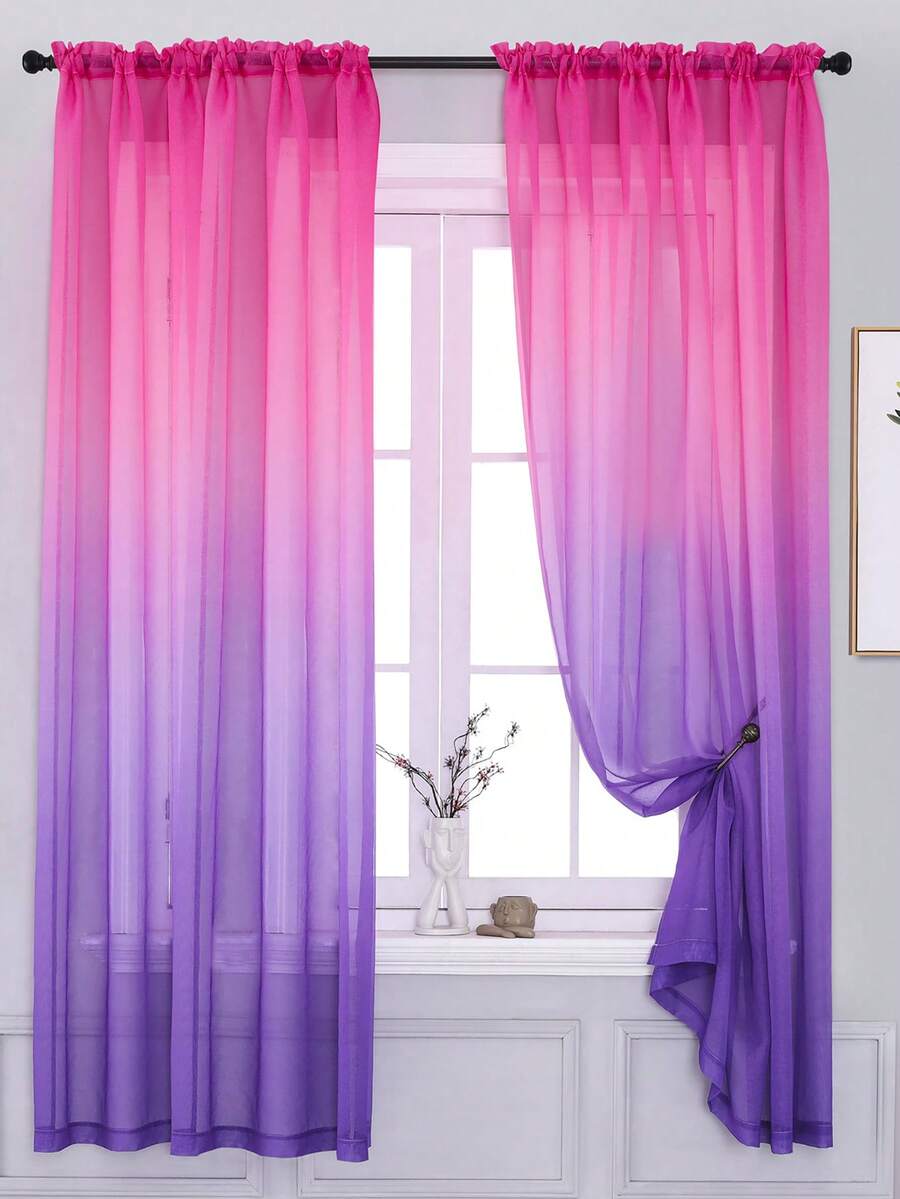Yancorp 2片裝臥室窗簾63英寸長透明薄紗粉紫色漸層窗簾掛桿口袋抽簾適用於女孩客廳美人魚臥室幼兒園兒童窗戶裝飾 - 粉紅紫色 - 查看 1