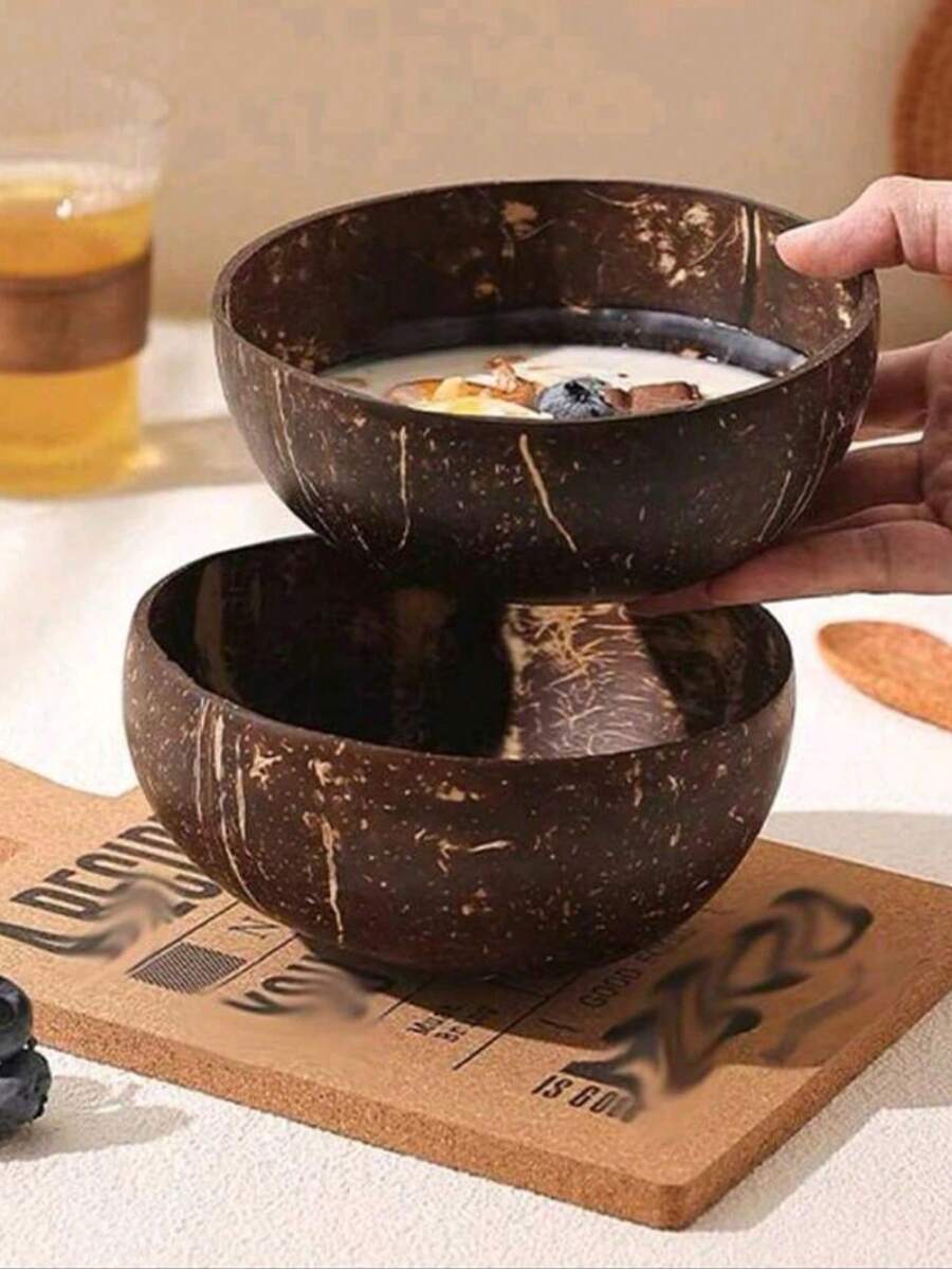 1個天然椰子碗,可用於創意沙拉、麵條、優格和麥片碗,適用於家庭餐廳的晚餐與早餐,廚房工具和餐具 - 棕色 - 查看 1
