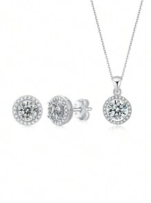 3pcs Elegant And Luxurious 925 Silver Moissanite 50 Points Single Earring & 50 Points Necklace Set Suitable For Women's Daily Wear, Party, Commute, And Jewelry Gift Wedding Engagement Bridal Jewelry Rhinestone Rhinestone Jewelry Sets