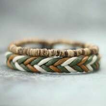 diffone 2 Pcs/Set Boho Hand Braided Rope Bracelet Antique Wood Stone Beads Bracelet For Men Armband Bracelet Pulserira