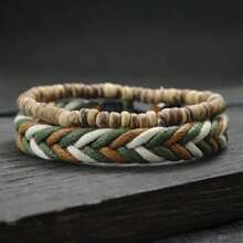 diffone 2 Pcs/Set Boho Hand Braided Rope Bracelet Antique Wood Stone Beads Bracelet For Men Armband Bracelet Pulserira