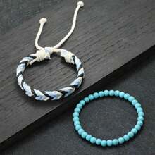 diffone 2 Pcs/Set Boho Hand Braided Rope Bracelet Antique Wood Stone Beads Bracelet For Men Armband Bracelet Pulserira