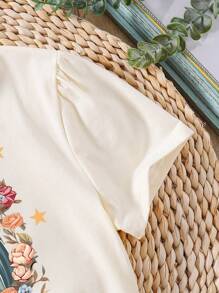 少女處女瑪利亞和花卉印花短袖T恤 - 杏色 - 查看 4