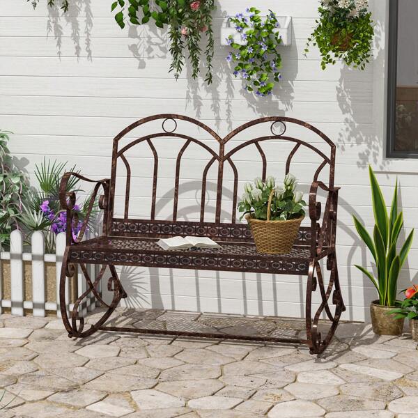Outsunny Gartenbank Schaukelstuhl Parkbank Sitzbank Bank 2-Sitzer Metall (Modell3/ Bronze-Rot)