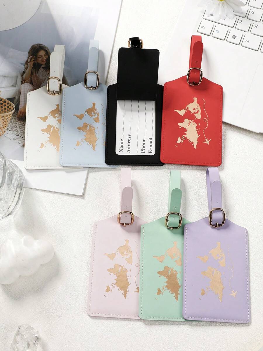 1pc PU Material Luggage Tag With Foil Map Design, Simple Solid Color Luggage Identification Tag, Travel Accessory - Multicolor - View 1