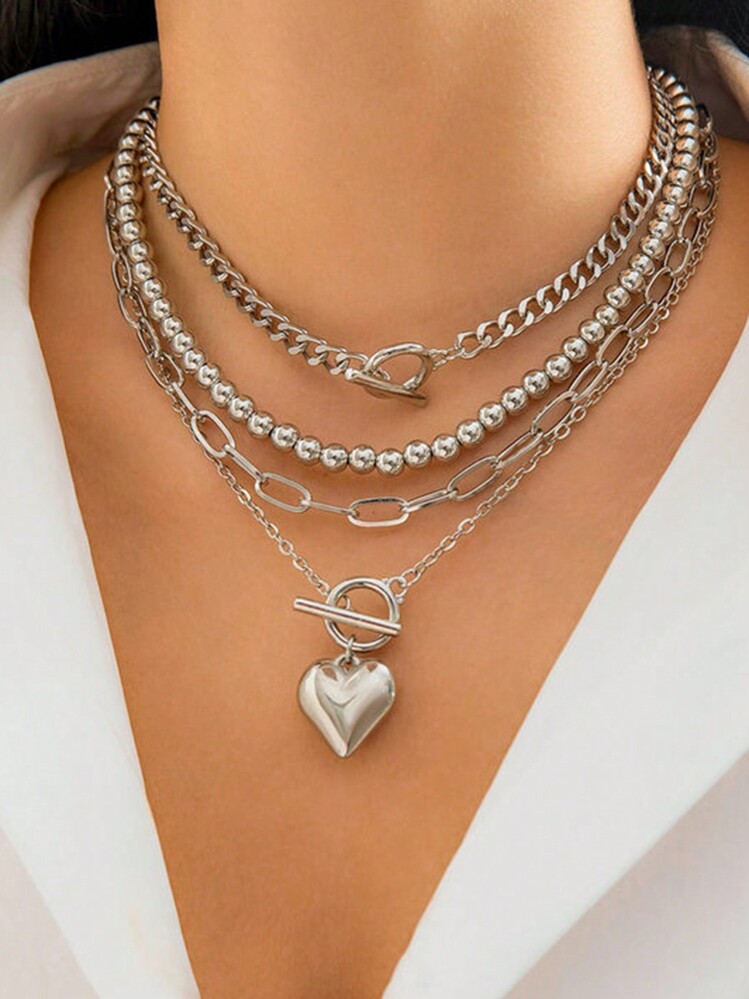 4pcs/Set Fashionable Silver-Tone Alloy Multi-Layer Heart Pendant Necklace Set, Luxury Accessory For Women Summer Party Valentines,Mom,Mother,Mother's Day,Gift - Silver a - View 2