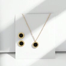 1set Fashionable Stainless Steel Roman Numeral Necklace And Earrings Set For Women, Gift