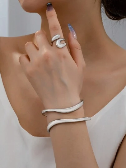 1入粗獷簡約合金手鐲和1入極簡時尚合金戒指