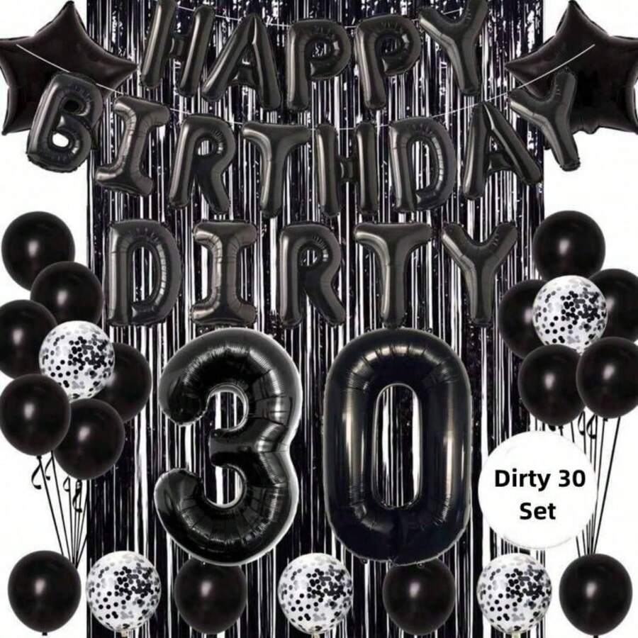 44 piezas Decoraciones de 30th cumpleaños temática negro, Globo de aluminio 'Dirty 30' y decoraciones para tarta, Pancarta 'Feliz Cumpleaños', Globo de confeti de estrellas negras, Cortina de flecos de aluminio para fiesta de 30 cumpleaños de hombres y mujeres, Suministros para fiesta - Negro - Ver 1