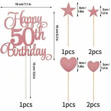 1套黑/金/玫瑰金多彩蛋糕上裝飾，用於10、16、18、20、30、40、50歲生日慶祝活動，包含數字、英文字母、星星和心形蛋糕插卡 - 玫瑰金 - 查看 2