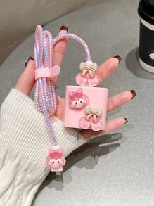 Eva 数据线收纳包 + 1.5m 绕线器 & 线固定器 带 Tpu 充电头保护套 防断设计 6 件套 兼容 Apple 20w 快速充电数据线 线缆保护器、充电器保护器 - 西瓜粉 - 查看 2