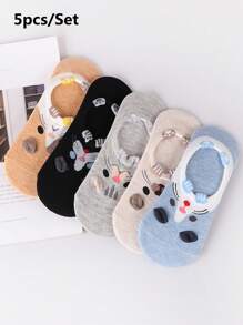 Set de 5 pares de calcetines tobilleros estampado de animales de dibujos animados para parejas, calcetines invisibles - Multicolor - Ver 2