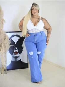 Wide Leg Pantalona Jeans Plus Size Feminina cintura alta clara - Azul - Visão 2