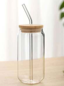 1 pieza de 400/550 ml de vidrio resistente al calor, con tapa, pajita, taza plana, para café, té con leche, jugo, adecuada para uso doméstico o en la oficina