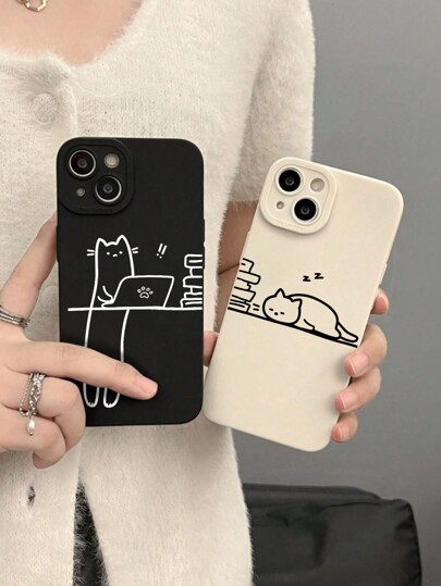 غطاء هاتف بنمط عيني القط الأبيض والأسود بعدسة كاملة مضاد للتساقط والبصمات متوافق مع ايفون قطعتين