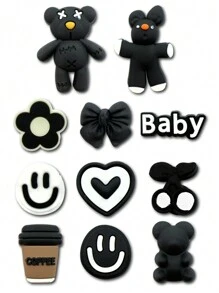 11 PCS Black And White Bear Series Theme Pattern Cute Shoe Charm Suitable For Crocodile Charm DIY Decorative , Pen Cases, Bags, Phone Case Accessories And Party Gifts, Shoes Accessories For Spring Summer