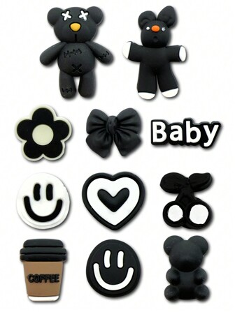 11 PIEZAS Serie de diseños de oso en blanco y negro, charms en estilo lindo adecuados para decorar estuches de lapiceras, bolsas, fundas de teléfono y regalos de fiesta, accesorios de zapatos para primavera y verano