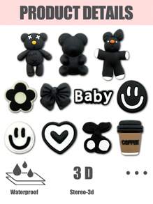 11 PCS Black And White Bear Series Theme Pattern Cute Shoe Charm Suitable For Crocodile Charm DIY Decorative , Pen Cases, Bags, Phone Case Accessories And Party Gifts, Shoes Accessories For Spring Summer