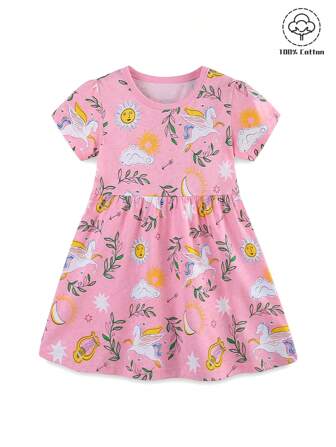 1 pezzo Vestito casual estivo per ragazze giovani con stampa di cartoni animati, maniche corte e collo tondo