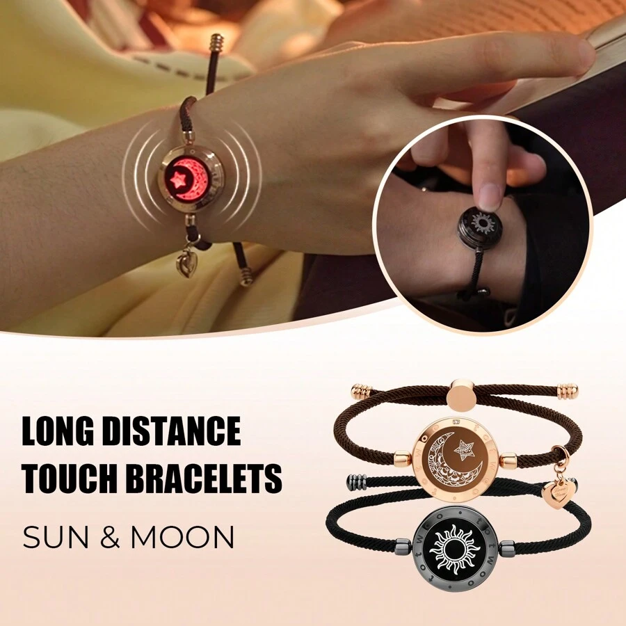 Totwoo Long Distance Touch Bracelets For Couples, Vibration & Light Up For Love Couples Bracelets | Long Distance Relationship Gifts For Girlfriend Bluetooth Pairing Jewelry - 米蘭繩/黑&玫瑰金 - 查看 1