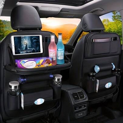 Upgrade Your Car Rides With This All-In-One Back Seat Organizer - Includes Foldable Table Tray, Kick Mats, Tissue Box, Cup Holder, Umbrella Holder, Laptop Table & Car Eating Tray!