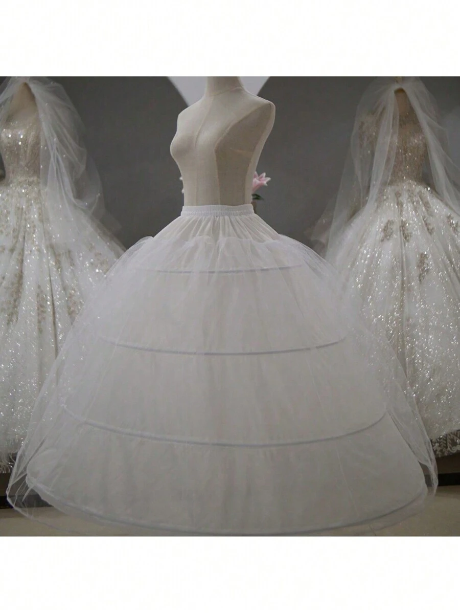 1pc Woman White 4-Layer Steel Hoop Sturdy Tulle Layered Wide Hem Bridal Petticoat, Suitable For Wedding Party - White - View 1