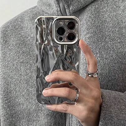 Y2K 防震电镀银色新奇苹果创意 3D 竖条纹褶皱纹理手机壳 竖条纹纹理凹凸纹理防水防摔防刮生日礼物