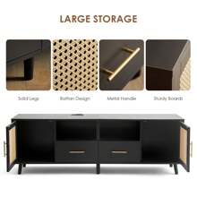 JanflyHome TV Stand For 70 Inch TV - Modern Wood Rattan Media Console With Charging Station Light Strip, Entertainment Cabinet Accents Storage Furniture With 2 Drawers For Living Room - 黑色 - 查看 7