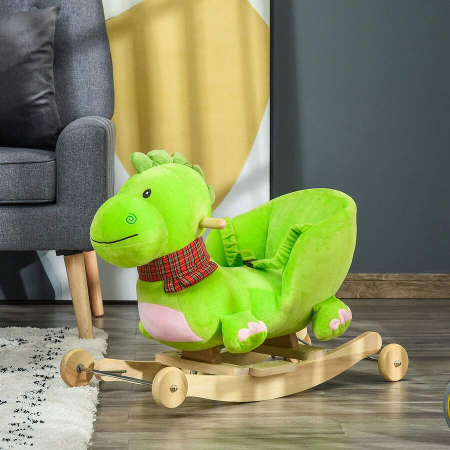 Cavallo a Dondolo con Ruote, Cavalluccio a Dondolo a Forma di Drago per Bambini 18-36 Mesi, in Legno e Peluche Verde - Verde - Visualizzare 1