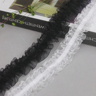 1入組3種尺寸diy彈性帶,帶蕾絲修飾的雙層褶皺網格布縫紉工藝,用於服裝配件