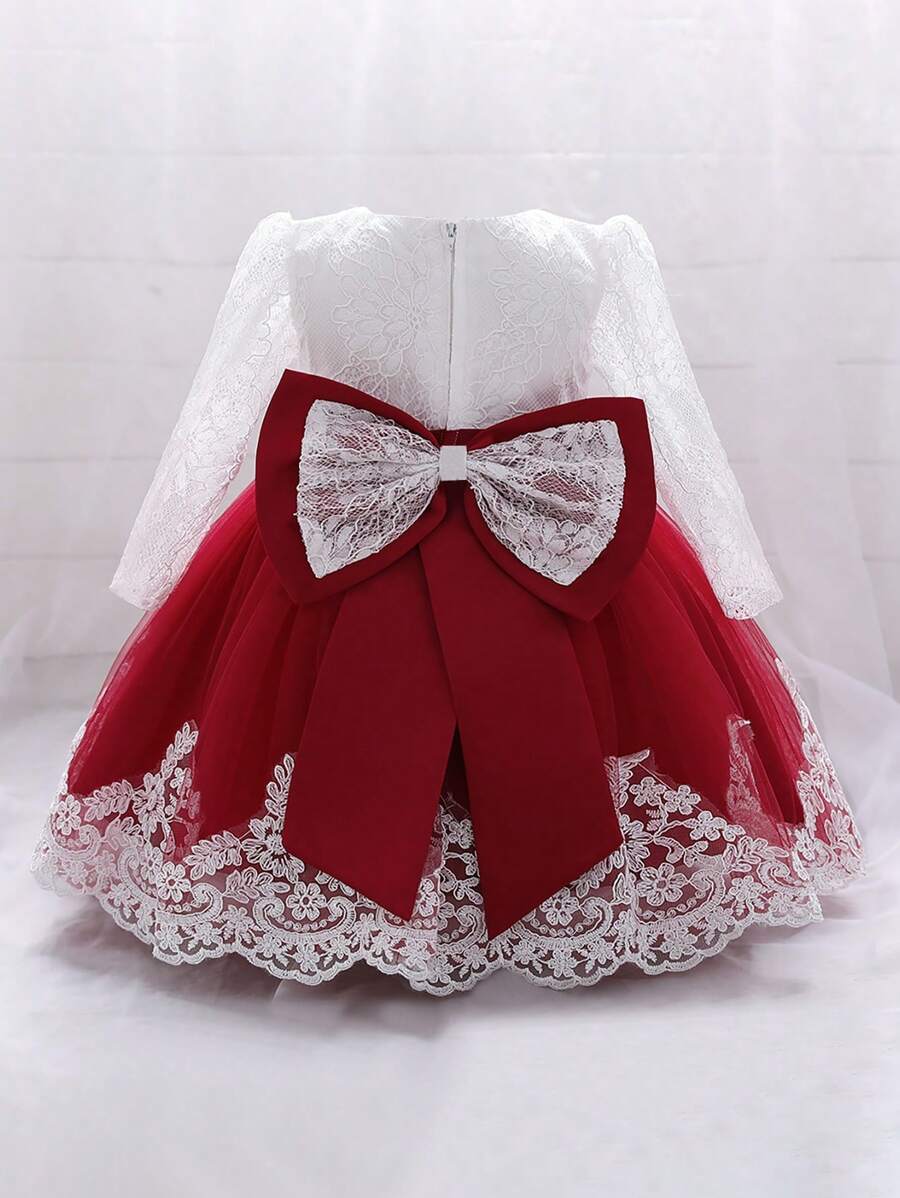 Baby Girls Lace Long Sleeve Mesh Bow Gorgeous Princess Flower Girl Dress, Suitable For Wedding Party, Headband Not Included - Burgundy - View 1