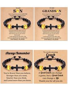 1 件運動風格和串珠手鍊,帶啞光黑石和足球吊飾,由媽媽手工製作,帶祝福語。送給兒子和女兒的完美禮物