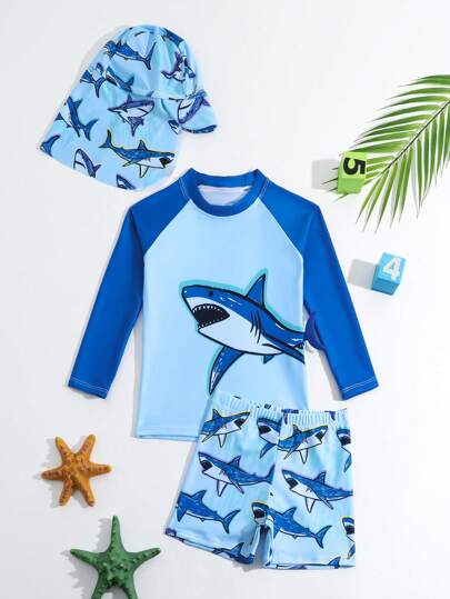 3pcs/Set Young Boy Colorblock Shark Print Long Sleeve Swim Trunks And Cap