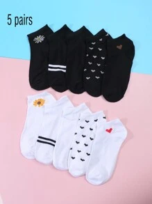 5pairs Heart & Daisy Print Black Ankle Socks Set - Clear - View 1