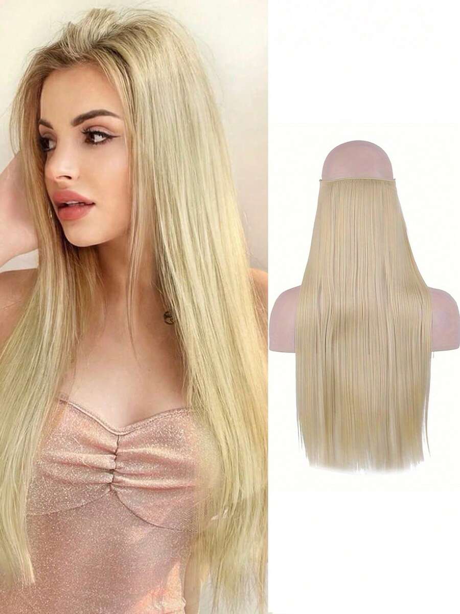 Synthetic 22 Inches No Clips In Natural Hidden Secret Wig Piece Hair Extension Long Curly Fish Line Hair Pieces - Gold - View 1