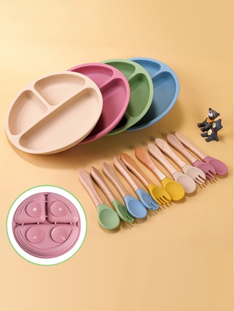3 piezas Tazón y utensilios con succión, adecuados para bebés y niños pequeños, hechos de silicona, diseño dividido, cuchara y tenedor de mango de madera, plato de silicona para niños apto para microondas y lavavajillas, regalos para niños