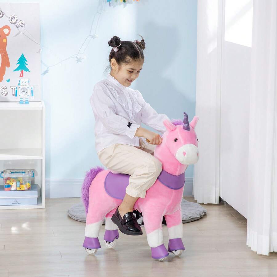 Cavallo a Dondolo con Ruote a Forma di Unicorno, Gioco Cavalcabile per Bambini da 3-6 Anni, 70x32x87cm, Rosa - Rosa - Visualizzare 1
