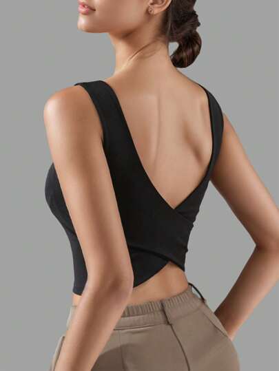 Alça Cruzada Bonita para Ombro Feminina, Colete com Almofada no Peito, Moda Jovem e Simples, Versátil Sem Costas, Sexy e Ajustada, Base Respirável e Absorvente de Suor para Esportes e Fitness, Top de Sutiã Fixo, Exercícios
