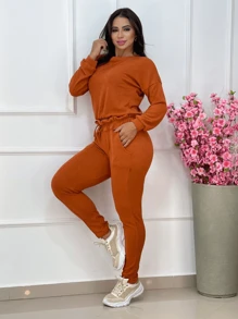 Conjunto Feminino Inverno Calça e Blusa Cropped de Manga Longa Lãzinha - Laranja - Visão 3