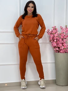 Conjunto Feminino Inverno Calça e Blusa Cropped de Manga Longa Lãzinha - Laranja - Visão 1