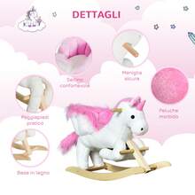 Cavallo a Dondolo a Forma di Unicorno con Musica, Struttura in Metallo e Legno, Rivestimento Peluche, 69x32x57cm, Bianco Rosa - Multicolore - Visualizzare 2